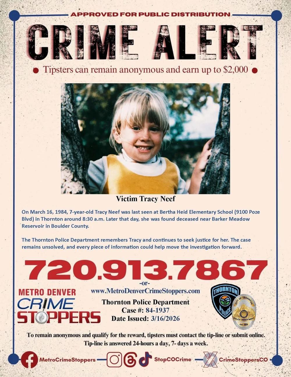 Crime alert poster with a young girl's photo and contact number for tips.