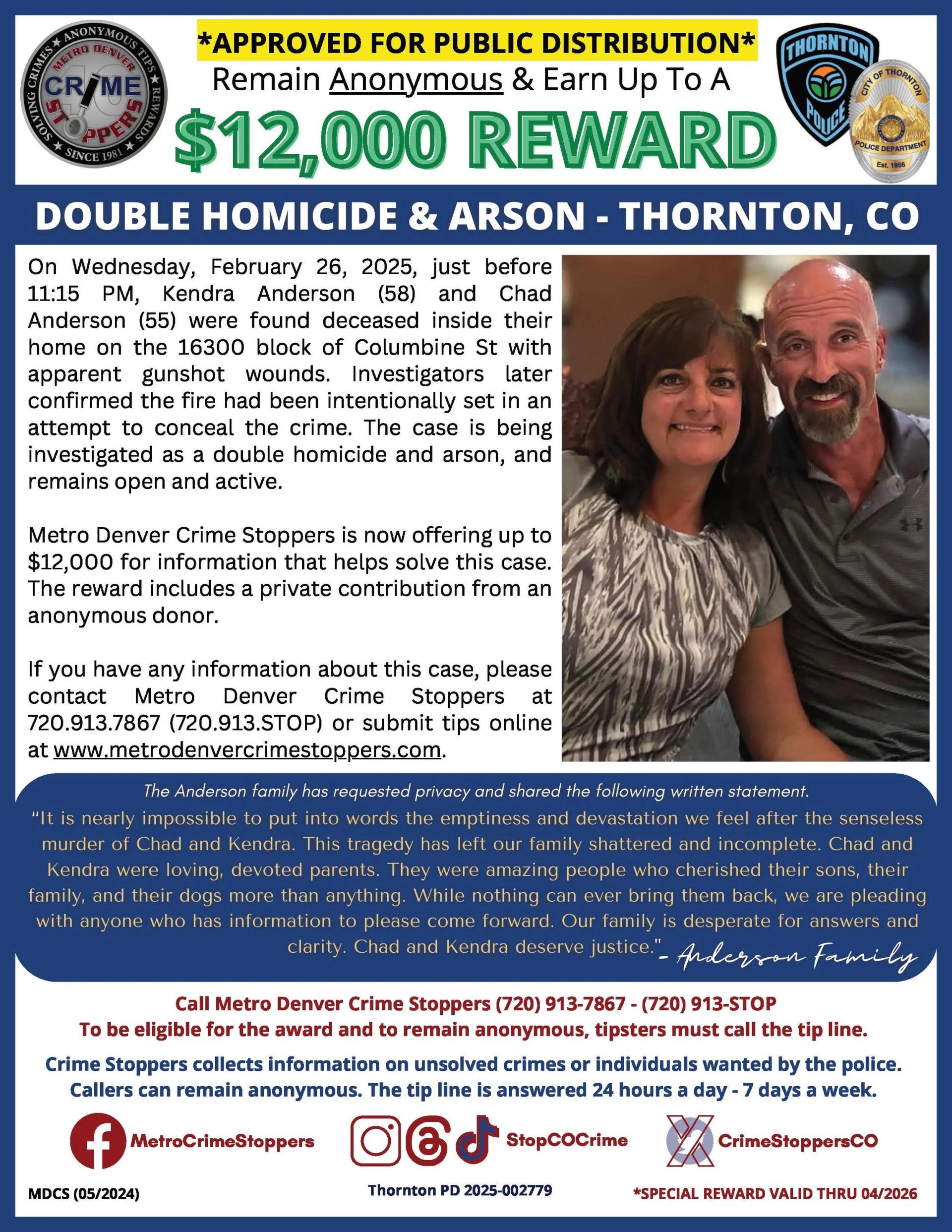 Reward poster for a homicide and arson case featuring a smiling couple.