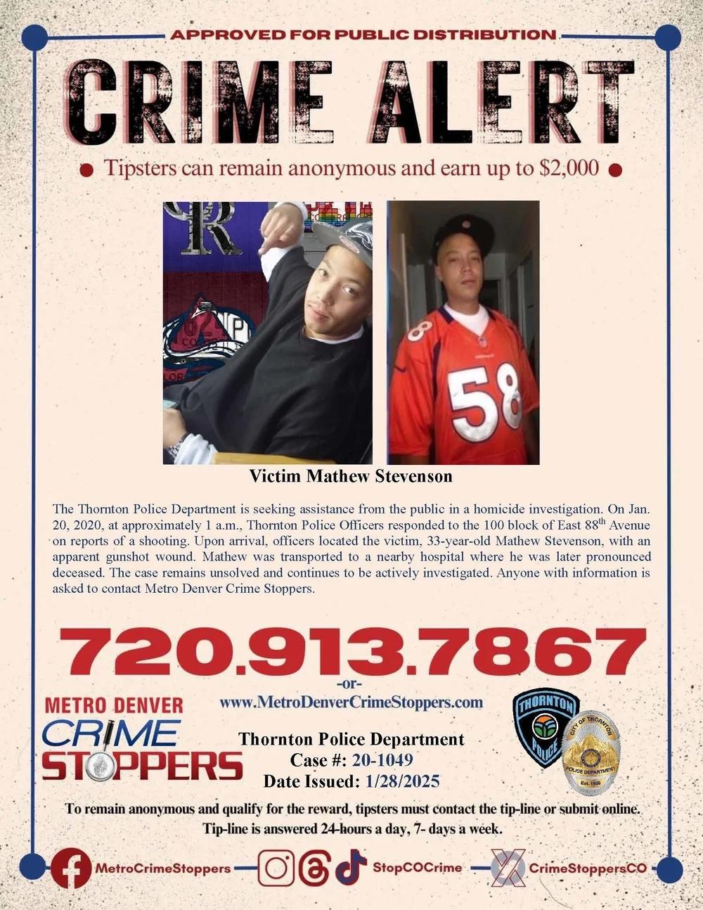 Crime alert flyer with two photos and contact details for tips.