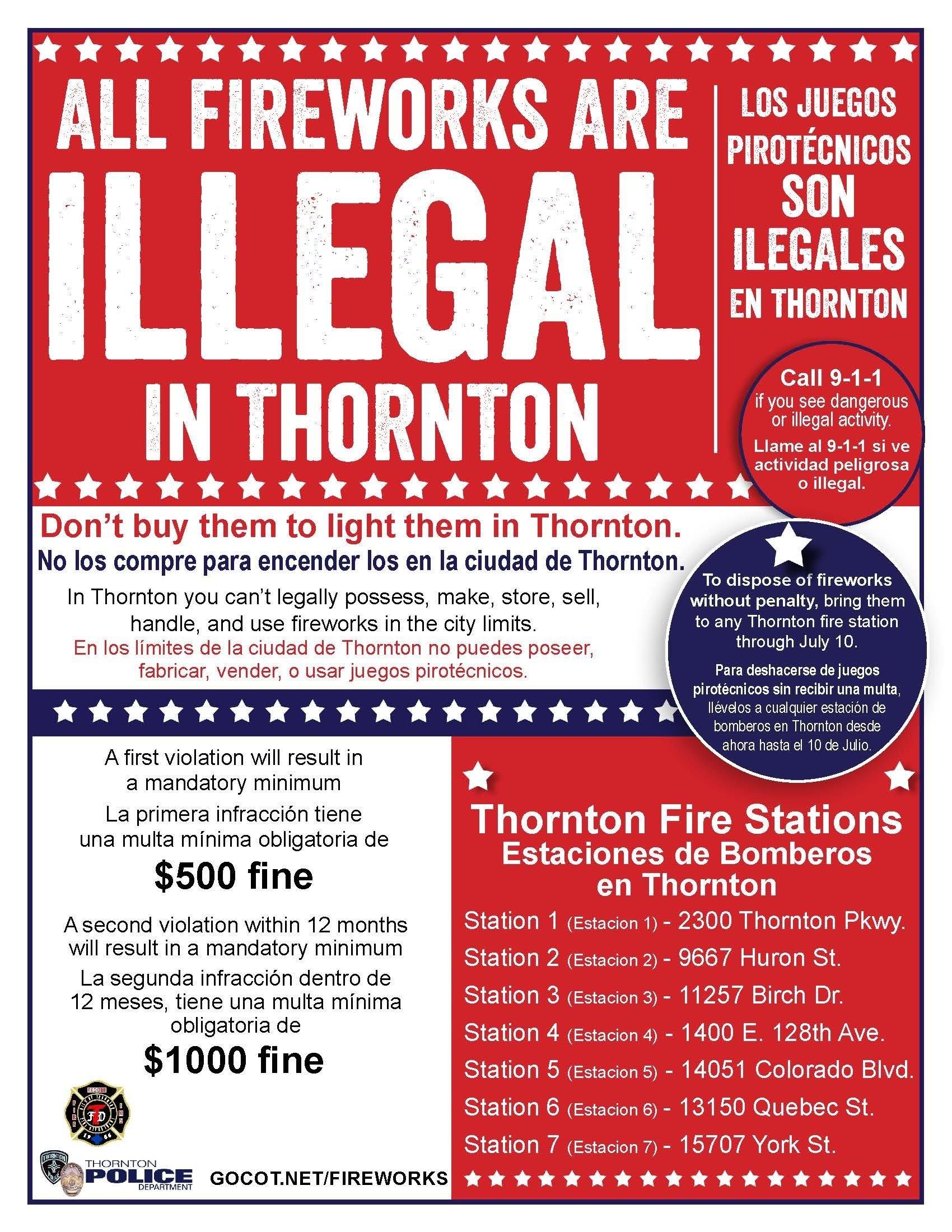 City flyer outlining fireworks enforcement, including restrictions, fines, and safety rules for illegal fireworks use.